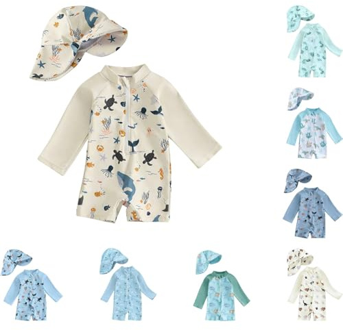 Maillot de Bain Une Pièce pour Bébé Garçon Fille Maillot de Bain Garçons Manches Longues Protection Solaire avec Chapeau de Soleil Maillot Bebe Imprimés d'animaux Marins (01-White, 12-18 Months)