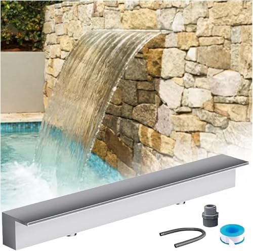 Utloppssats för vattenfallsfontän i rostfritt stål - 60 cm väggmonterad, inomhus-/utomhusdekor, elegant silverfinish för hemma- och trädgårdsspa
