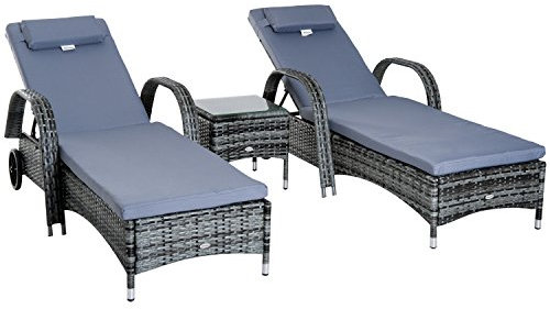 Outsunny Rattan Sun Loungers for Garden Set of 2 with Side Table, Garden Recliner Sunbeds with Adjustable Back, Wheels, Cushions and Headrest, 3 Pieces Garden Furniture Set for Outdoor, Patio, Grey