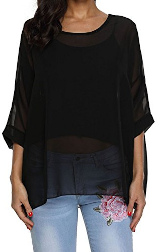 OUKIN Women Bohemian Floral Batwing Sleeve Plus Sheer Chiffon Oversize Loose Off Shoulder Blouse Tunic Tops