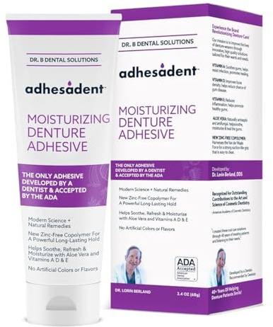 Dr. B Dental Solutions Adhesadent Moisturizing Denture Adhesive - Secure Denture Glue with Strong Grip & Natural Taste - Zinc-Free Dental Adhesive for Dentures, Overdentures - 2.4 oz (2 Pack)