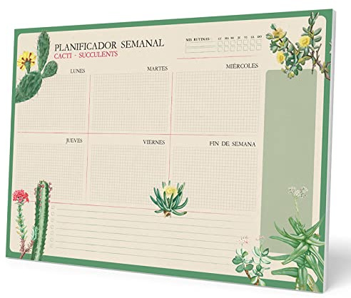 Planificador semanal A3 Botanical Cacti - Weekly planner : Planner Sin Fecha en Español - Organizador semanal escritorio [54 págs. con Alto Gramaje]