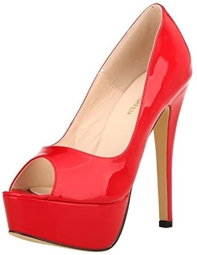 QIANKUN Sexy Open Toe Platform Women High Heels Super High Patent Leather High Heels Shoes Red Wedding Stilettos-Red,37