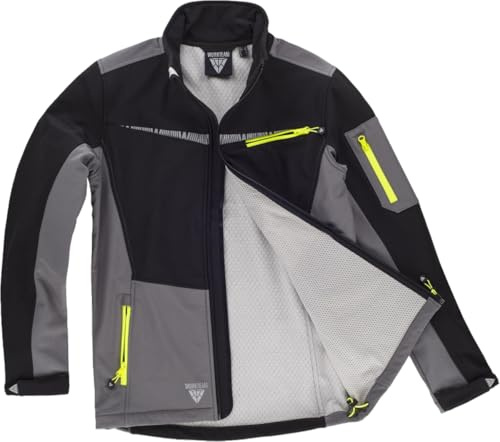 WORKTEAM Chaqueta Softshell, Corta Vientos Y Repelente al Agua, con Detalles Reflectantes, Forro Polar Interior, Transpirable y Resistente al Desgarro. Unisex Negro+Gris-S