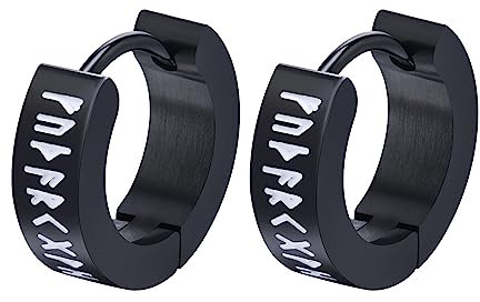 Nordischer Wikinger Hoop Ohrring Herren - Amulett Schutz Schmuck Geschenke Schwarz Edelstahl Herren Ohrstecker mit Weiß Nordic Elder Futhark Runen, Ohrringe für Männer, 1 Paar
