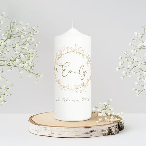Bougie Baptême personnalisée Fille Garçon motif Couronne de gypsophile – Cierge Baptême avec prénom et date – Cierge de parrainage – Bougie imprimée – Cadeau parrain marraine – 18 x 7 cm
