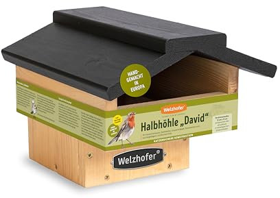 Welzhofer Nistkasten David, Halbhöhle Vogelhaus, handgemacht in Europa, für Hausrotschwänze, Bachstelzen, Grauschnäpper und Rotkehlchen, hochwertiges Kiefernholz