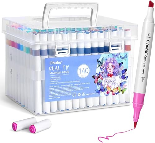 Ohuhu Marcatore ad Acqua,140 Colori Pennarelli da Disegno Doppia Punta, Pennello & Scalpello, Pennarelli per Artisti Adulti Colorazione e Illustrazione, 1 Miscelatore Omaggio