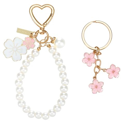 PEOVLVN 2 Pcs Cute Keychains for Women, Flowers Charms Car Key Chain Pearl Keychain Wristlet Keyring Gifts for Women Girls Purse Bag Backpack Accessories