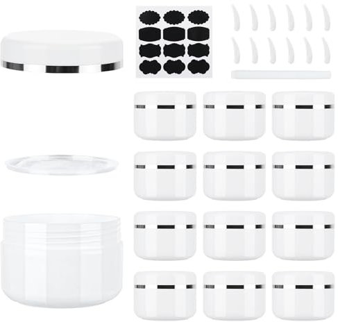 MirraSwit 12 Pezzi 100ml Contenitori Cosmetici Riutilizzabile Plastica, Crema Barattoli Vasetto Vuoto di Bordo, Barattolini Cosmetici, con Cucchiaio Raschiatore, Etichetta per Lozioni e Creme