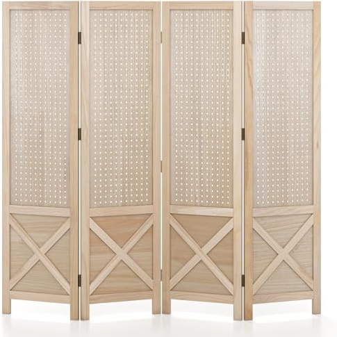 GIANTEX Biombo Plegbale de 4 Paneles, Separador de Privacidad de Madera de Paulownia con Paneles Perforados, 153,5x144cm, Divisor de Habitación para Salón, Dormitorio, No Requiere Ensamblaje