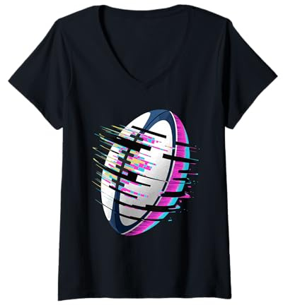 Donna Pixel Glitch Art Pallone da Rugby Maglietta con Collo a V