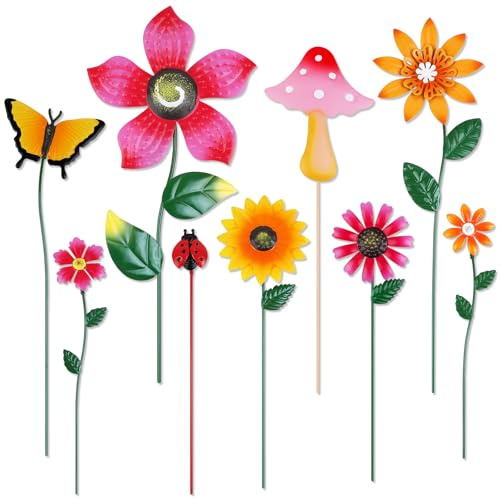 Larber 10 Piezas Flores de Metal para Jardín 28-42CM Decoración Exterior con Cabezal Regulable Mediante Muelle Figuras Coloridas para Macetero con Girasol Mariposa Seta Regalo para Jardín
