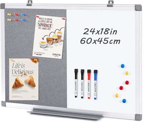 MAKELLO Notice Board Whiteboard 60X45cm, Combination Board, Grey Felt Board | Magnetic, Smooth Writing, Dry Erase, Aluminum Frame, Wall Mount, Half White Board Half Pin Board for Office, School, Home
