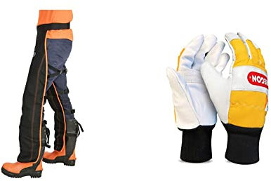 Oregon 575780 - Perneras anticorte para motosierra + Guantes de Seguridad para Cortar con Motosierra, Piel - 1 Par (L)