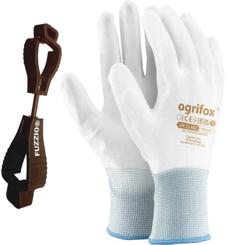 FUZZIO 24 Paar Arbeitshandschuhe Herren Gr 9, Mechaniker Handschuhe, Gartenhandschuhe Herren, Arbeitshandschuhe Damen, Montagehandschuhe Polyurethan Beschichtung mit Handschuhclip