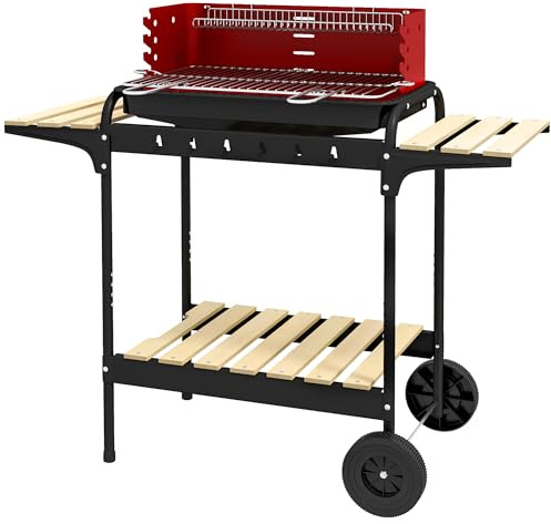Outsunny Charcoal Barbecue Grill with Adjustable Grill Height, Portable BBQ Trolley with Ash Catcher and Wheels for Outdoor Garden Party Cooking, Red