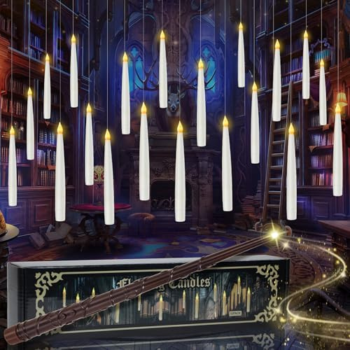 FTJKGH Floating Candles with Wand, 20pcs Hanging Candles Led Taper Candles Flickering Battery Powered Candle Floating Candle, Xmas Christmas Tree Decorations Outdoor Indoor Ceiling Hanging Decorations