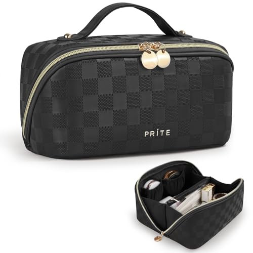 Prite Makeup Bag for Women Travel Waterproof Vegan Leather Cosmetic Bag Open Flat Toiletry Bag With Clear Divider and Handle (Plaid Black, Medium)
