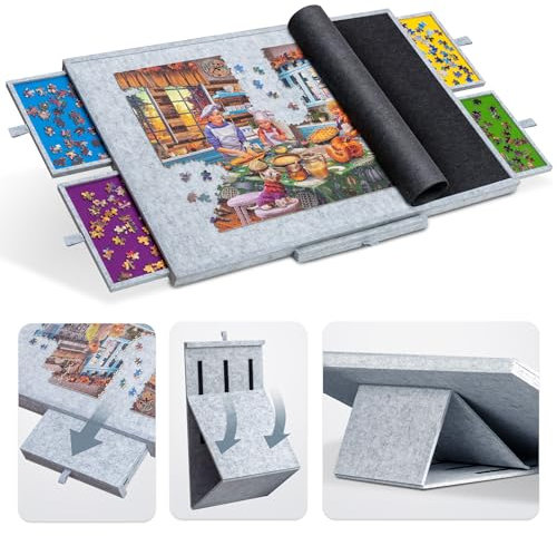 Tektalk Puzzletisch mit integriertem verstellbarem Ständer/Halterung, 3-Kippwinkel, superleichtes Filzpuzzle-Plateaubrett mit Abdeckung und 4 Sortierschubladen, für bis zu 1500 Teile - hellgrau