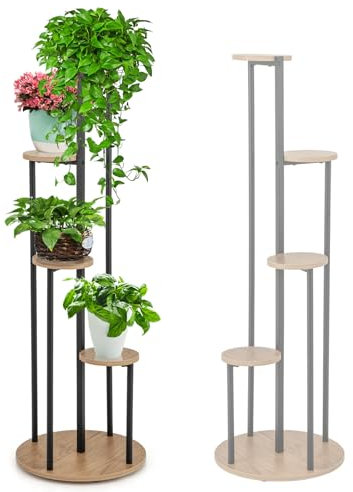 HOMASIS Pflanzenständer mit 4 Ebenen, Blumenständer aus Metall & Holz, Pflanzenregal Blumentreppe mit Marmormuster, Blumenregal Pflanzentreppe für Indoor Balkon, 40 x 122,5 cm (Natur+Schwarz)