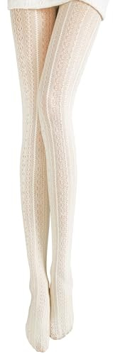JaGely 1 Pairs White Womens Fishnet Hollow out Knitted Tights Patterned Lace Stockings Vertical Strips Pantyhose