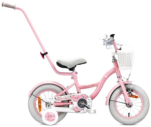 sun baby FLOWER BIKE Barncykel för en flicka 12 14 16 tum, Flickcykel 2-6 år, Cykel för barn med stödhjul, pushbar, justerbar sadel och styre
