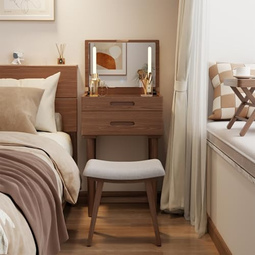 Muwuele Solid Wood Small Vanity Desk with Mirror and Lights, Narrow Makeup Vanity for Small Space, Flip Top Vanity Side Table, 3 Color Modes & Adjustable Brightness, 19.6 Slim Dressing Table, Walnut