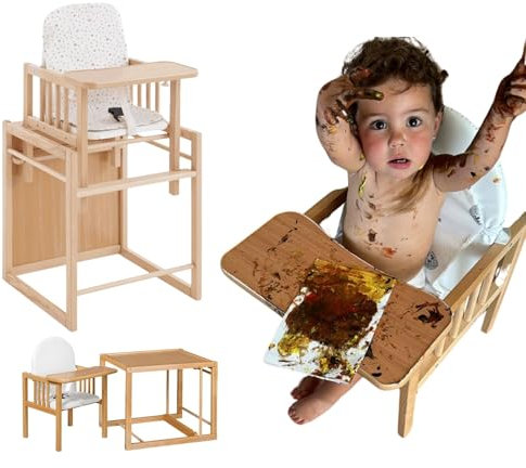 Trona Evolutiva Bebe Pórtatil de Madera Evoluonge. Trona para Bebé Segura Convertible en Silla y Mesa Infantil. Asiento Acolchado e Impermeable y funda transpirable Shirabe CoolDreams