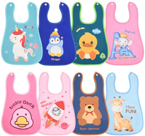 HOTUT Baberos Bebe, 8PCS Babero Impermeable Bebe para Bebes y Niños Pequeños, Unisex, Ajustable, Babero Cómodo, Ligero, con Bolsillo Recogemigas, Sin BPA