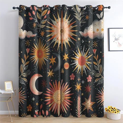 BSYYZQC Sonne Gardinen, Verdunklungsvorhänge Mond Schallschutz Vorhang, Blickdicht Vorhänge mit Ösen, Vorhänge Wohnzimmer für Schlafzimmer Kinderzimmer 2er Set 175x140cm (HxB)