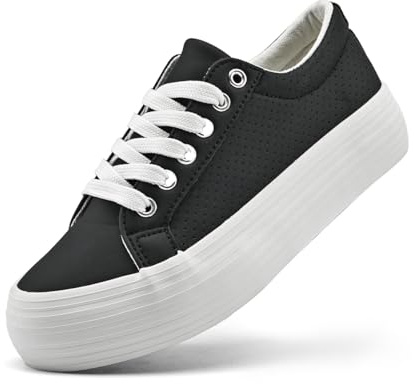 sharllen Femmes Plateforme Trainers Dames Chunky Mode Sneakers PU Cuir Basse Top Lace Up Chaussures Casual Chaussures de Tennis(Black with Holes 255)