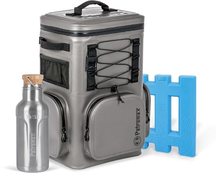 Petromax Kit de refroidissement : sac à dos isotherme, bloc réfrigérant et bouteille isotherme – Refroidissement jusqu'à 8 jours, robuste, imperméable – Sac à dos de 27 l, bloc réfrigérant 210 mm