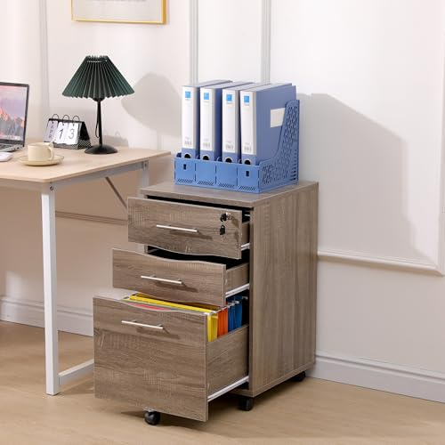 MMT - Archivador móvil con pedestal de 3 cajones, armario archivador debajo del escritorio con ruedas con colgador de archivos colgante, diseño antivuelco, 5 ruedas para oficina u hogar (roble oscuro)
