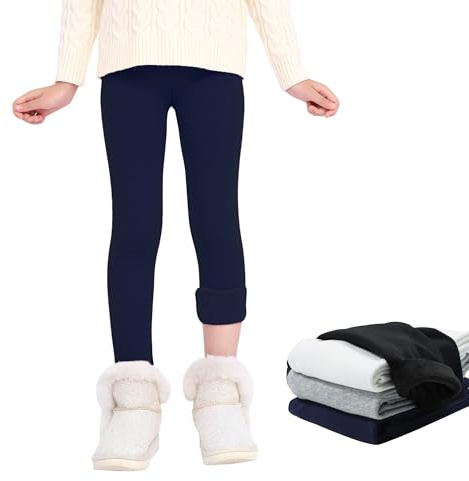 JinBei Leggings Térmicos Niñas con Forro Polar, Invierno Grueso Largos Pantalones Calentitos Suaves Algodón Mallas Infantiles Elástico Pantalón Ropa para Niños Azul Marino, 12-13 Años