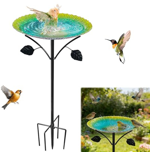 GothicBride Vogeltränke Stehend, 24.5 * 83cm Vogelbad Garten Stehend Gelb-Türkis Verlauf, Vogeltränke mit Erdspieß (Grün)