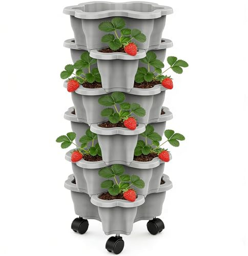 Jardinera Fresas | Torre Fresa Sobre Ruedas 6 Niveles | Jardinera Verduras Apilable para Exteriores e Interiores | Maceta Vertical para Fresas Accesorios Jardín para Frutas, Verduras y Plantas