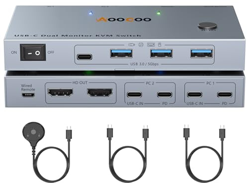 USB-C KVM Switch 2 Laptops 2 Monitors, 4K@60Hz Dual Monitor KVM Switch Sharing 2 Screens and 4 USB3.0 Devices, with 100W PD,Wired Remote Control and USB C Cables