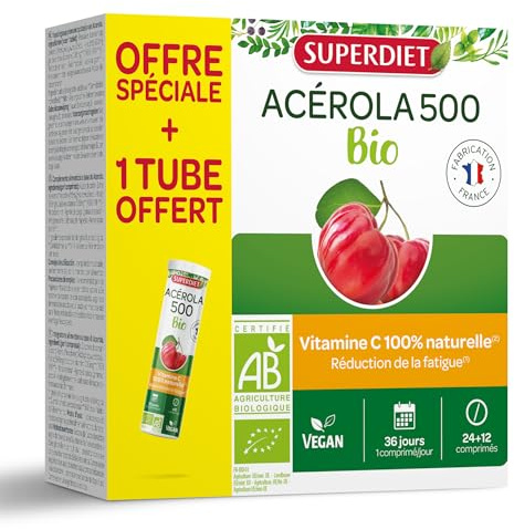 SUPERDIET- ACÉROLA 500 BIO - Haute concentration en Vitamine C- Réduction de la fatigue - 24 comprimés à croquer+1 TUBE OFFERT