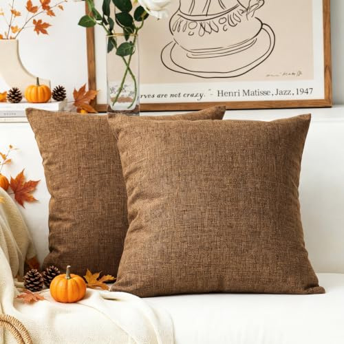 Home Brilliant Linen Cushion Covers Autumn Decorations Living Room Sofa Decor Faux Linen Cushion Covers for Couch Sofa, 45 cm(18 inch), Set of 2, Brown