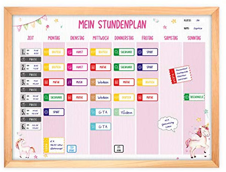 magnetischer Stundenplan Einhorn rosa mit 90 Magneten und Stift - abwischbar Wochenplaner Schule - ca. 40 x 30 cm
