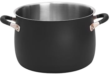 Meyer Accent Stainless Steel Stock Pot 7.6L/24cm - Black Stock Pot Induction Suitable with Easy Pour Rim, Ceramic Non Stick Exterior & Heat Resistant Handles, Durable Cookware
