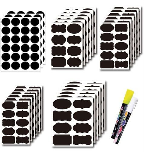 Chalkboard Sticker Labels 200 pcs Reusable Chalk Labels for Jar Freezer Food Black Label Stickers 5 Sizes 15 Shapes with Pen to Decorate Party Office Mason Bottoles (200)