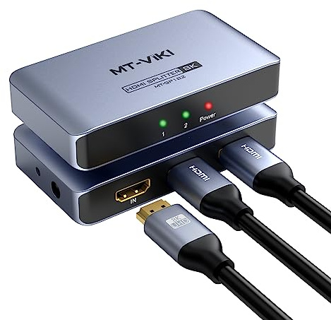 MT-VIKI 8K@60Hz 1x2 HDMI Splitter 1 in 2 out, 1x2 Aluminum,4K@120Hz Duplicate/Mirror, 40Gbps, HDCP2.3, HDMI 2.1, EDID, Plug & Play for PS4 XBOX, Fire stick
