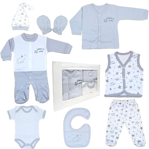 Blue Eyes nyfödd baby presentset unisex | 8 delar första kläder & babyutrustning | 100 % naturlig OEKO‑TEX® bomull | spädbarn 0–4 månader gåva babyshower (Stjärna grå)