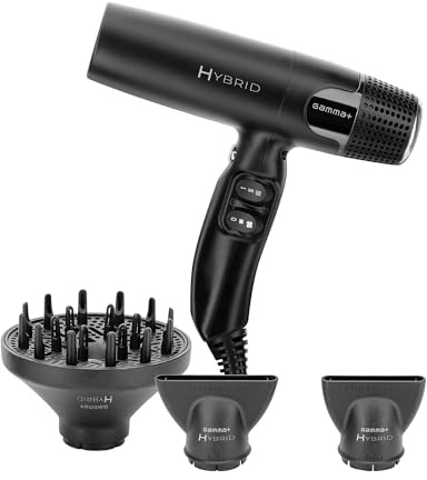 GAMMA+ Hybrid Asciugacapelli Ionico, Phon Capelli Leggero, Silenzioso, Ergonomico, Motore Digitale 100.000 Rpm, Triplo Filtro di Protezione, 2 Bocchettoni, 1 Diffusore