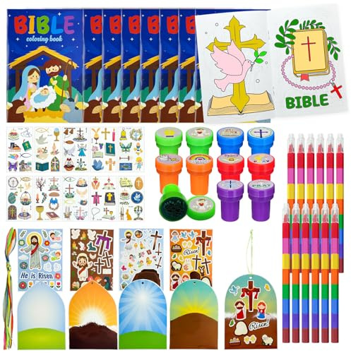 Cinrobiye 60 Pcs Easter Party Favors for Christian,Christian Coloring Books with Stacking Crayons Bulk Religious Easter Goodie Bag Stuffers Gifts Classroom Prizes for Bible Sunday School