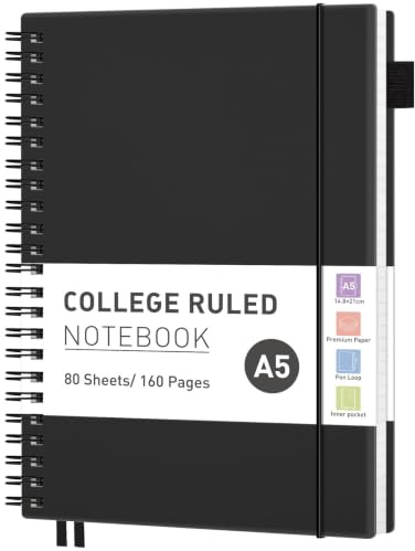 RETTACY A5 Spiral Notebook, Lined Journal, Notepad, 160 Pages, Black | Flexible Plastic Cover Note Book, 100 GSM College Ruled Paper, with Pocket, Pen Loop, Ruler & Bookmark - 14.5 × 20.7 cm