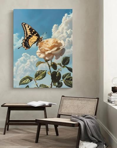 Taxpy Tableau art déco Fleurs et papillons,L,60 * 80cm Peinture Street Art Peinture À L'huile Impressions Sur Toile Moderne Pop Affiche Photo Sur Le Mur