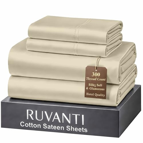RUVANTI 100% Cotton Sateen Queen Sheet Set, Beige